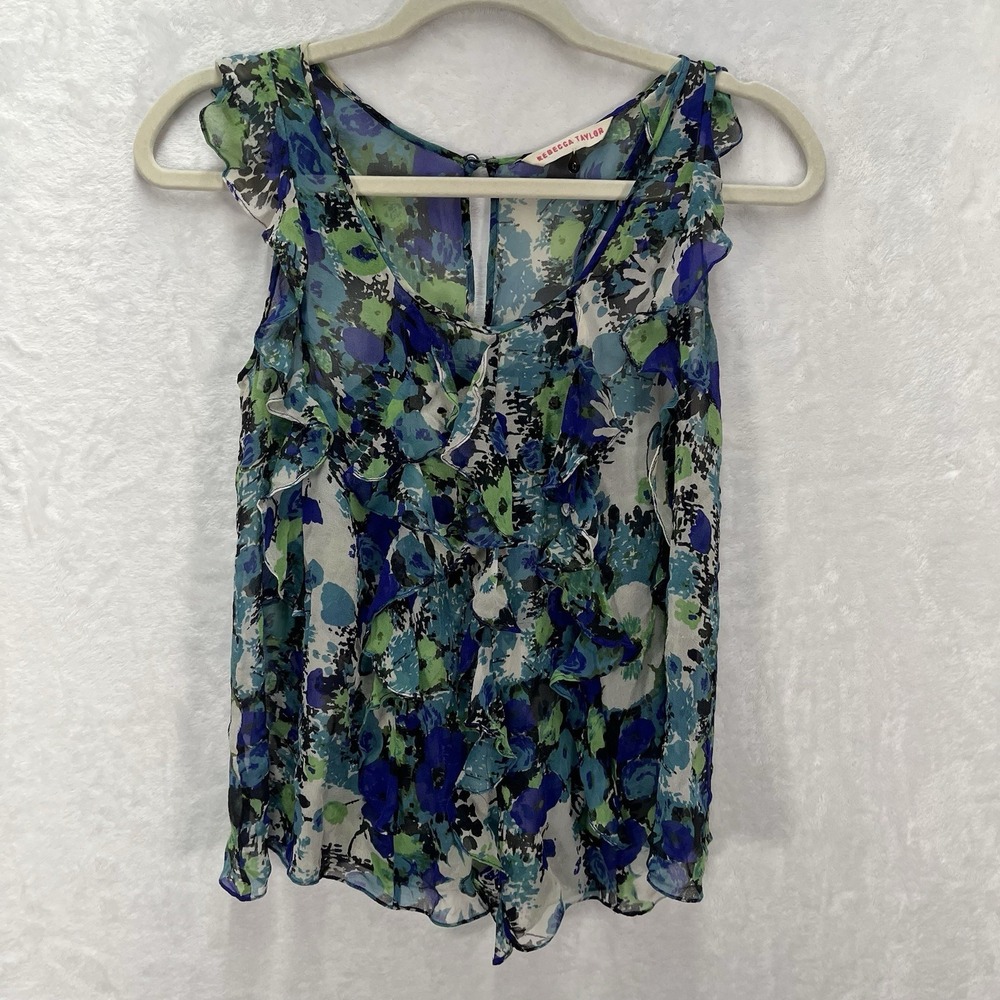 Rebecca Taylor Sleeveless Sheer Ruffle Shirt Womens 0 Multicolor Floral